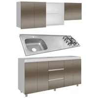 Combo Mesón Acero Inoxidable Poceta Izquierda Estufa 4 Fogones a Gas Hc 430 Just Home Collection + Mueble Superior Cocina Vimo (1c) Blanco + Ambar/blanco 62x180x33.5 cm Just Home Collection + Mueble Inferior Cocina Vimo (1c) Blanco + Ambar/Blanco 89.5x178.2x50.5 cm Just Home Collection