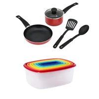 Combo Batería de Cocina Antiadherente 5 Piezas de Cocina con Utensilios + Recipiente 14 Piezas Rectangular Con Tapa