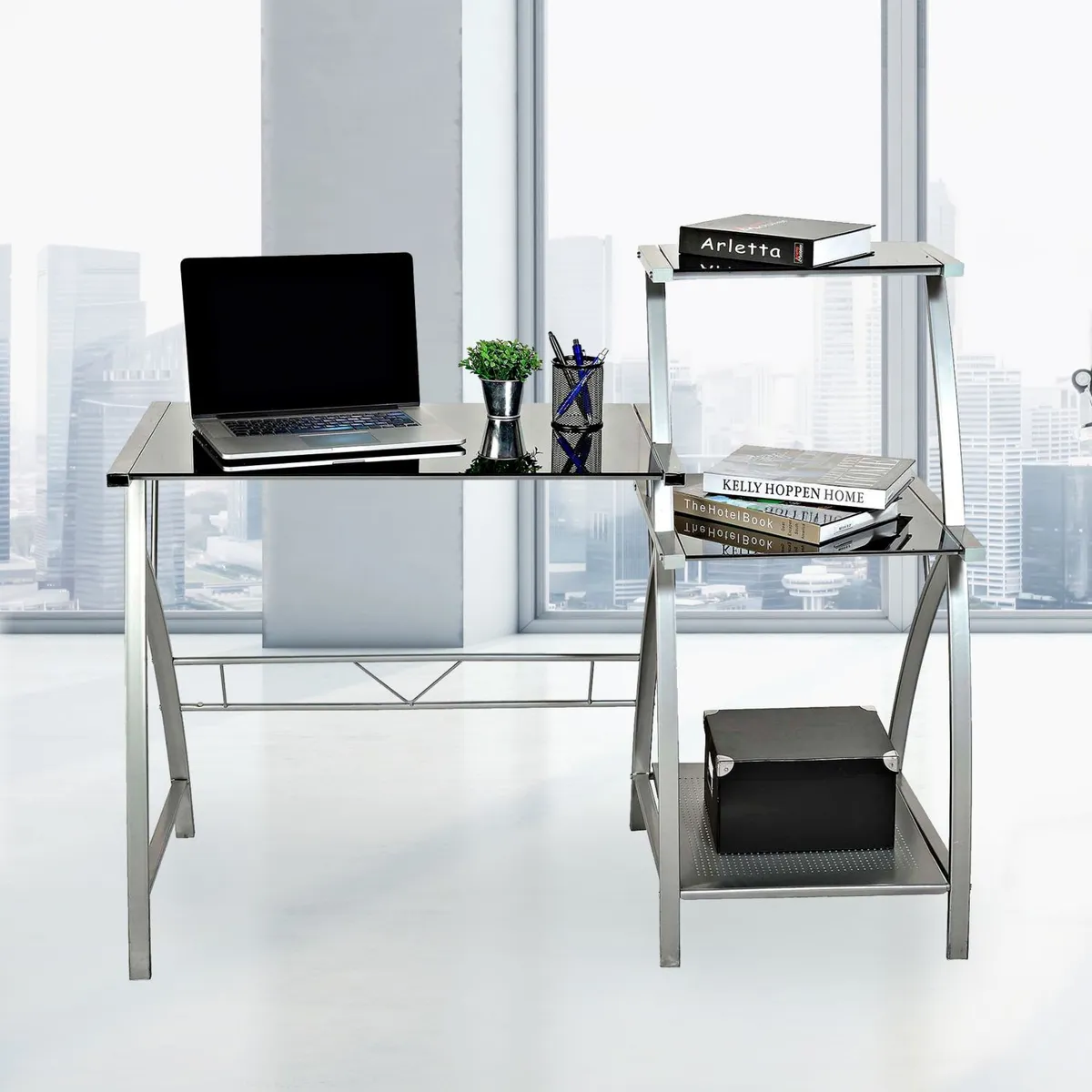 Just Home Collection - Escritorio de vidrio con 3 compartimentos