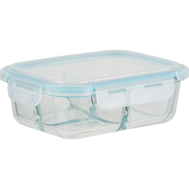 Just Home Collection - Contenedor rectangular de vidrio con tapa clip 3 divisiones 1.05 litros