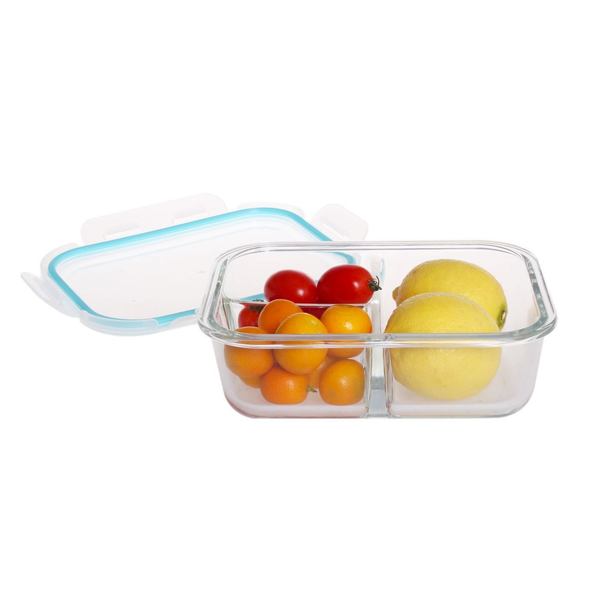 Just Home Collection - Contenedor rectangular de vidrio con tapa clip 3 divisiones 1.05 litros