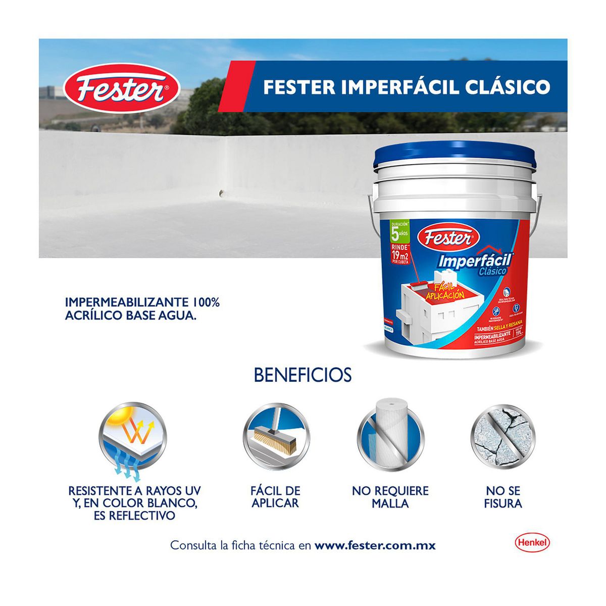 Fester - Impermeabilizante Acrílico Fester - 5 Años de 19 litros - Blanco