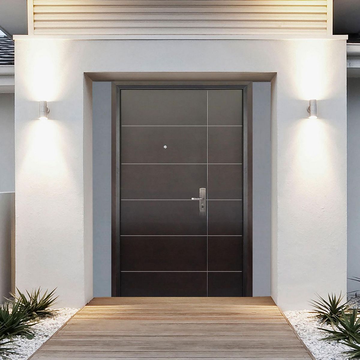 Serv Hogar - Puerta seguridad Contour nogal con fijo derecha 130 x 213 cm