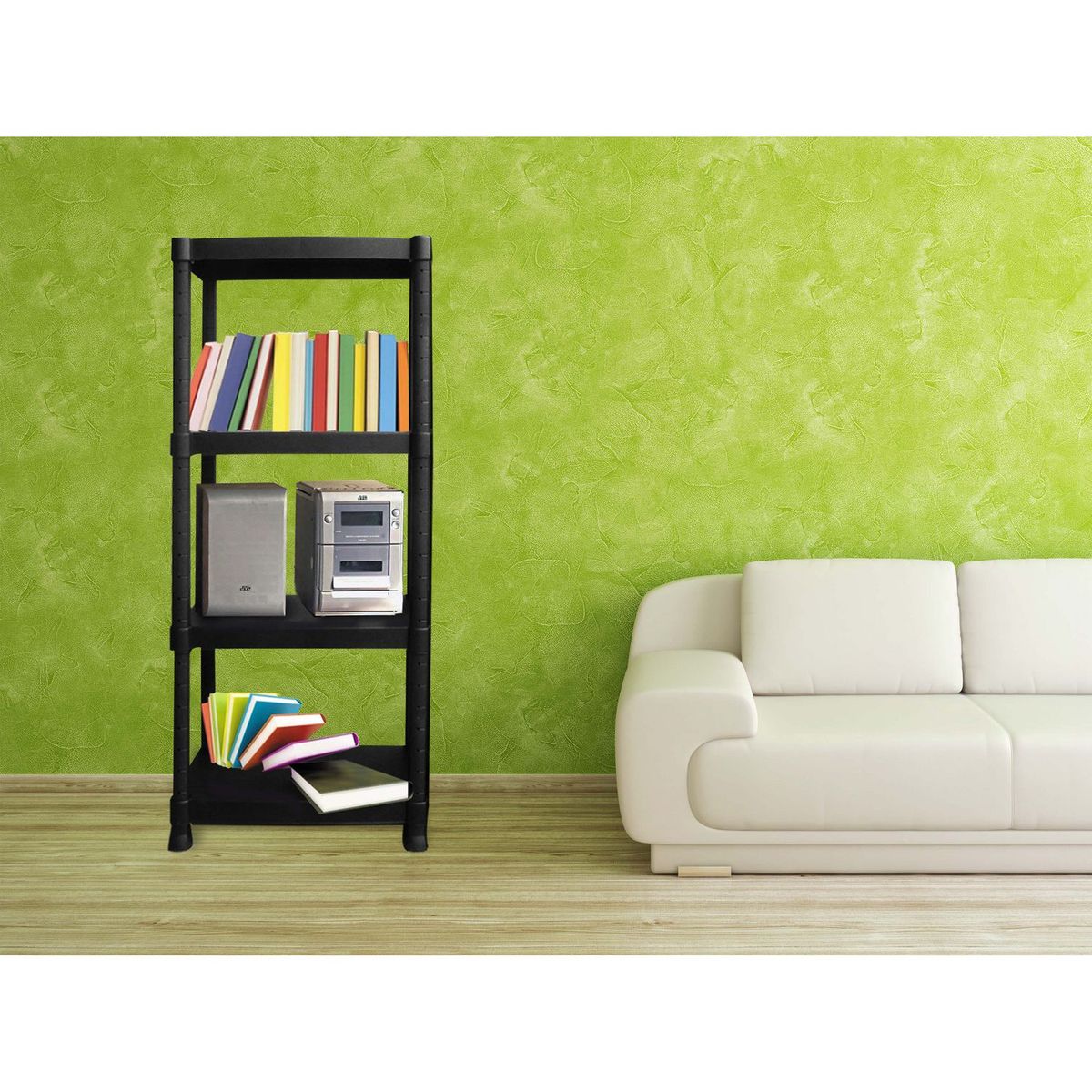 Alica - Estante de plástico negro 4 niveles 56 x 141 x 33.5 cm