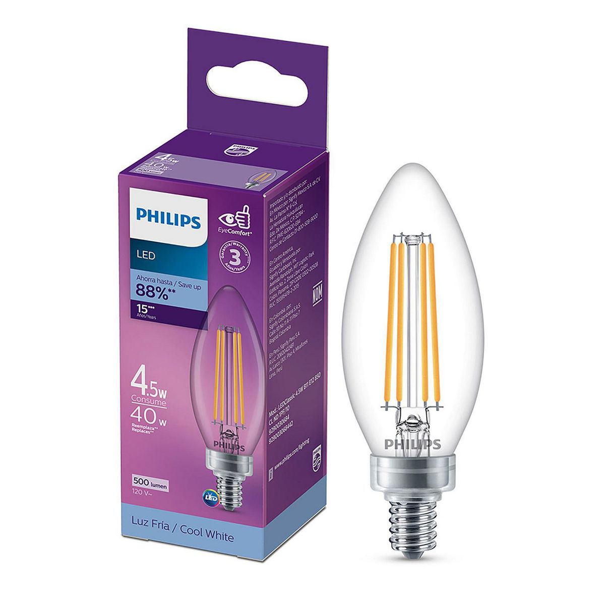 Foco Led Vela Filamento E12 4.5W Luz Fría, marca Philips - Foto Principal