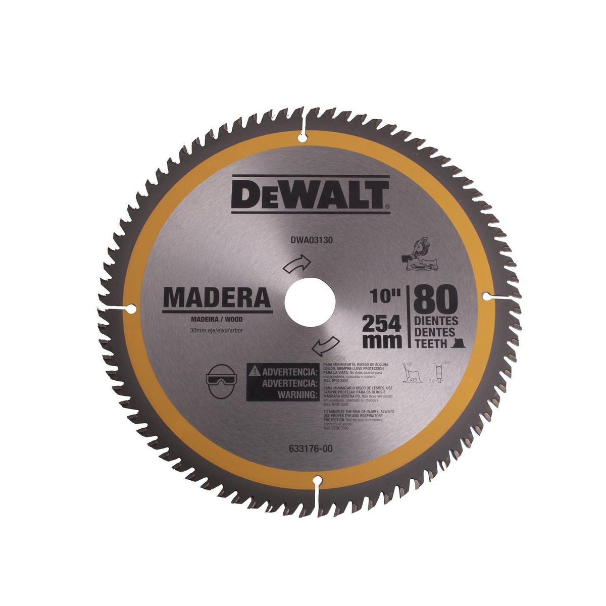 Dewalt - 10"x80 Dientes, Flecha 30mm con Adaptadores