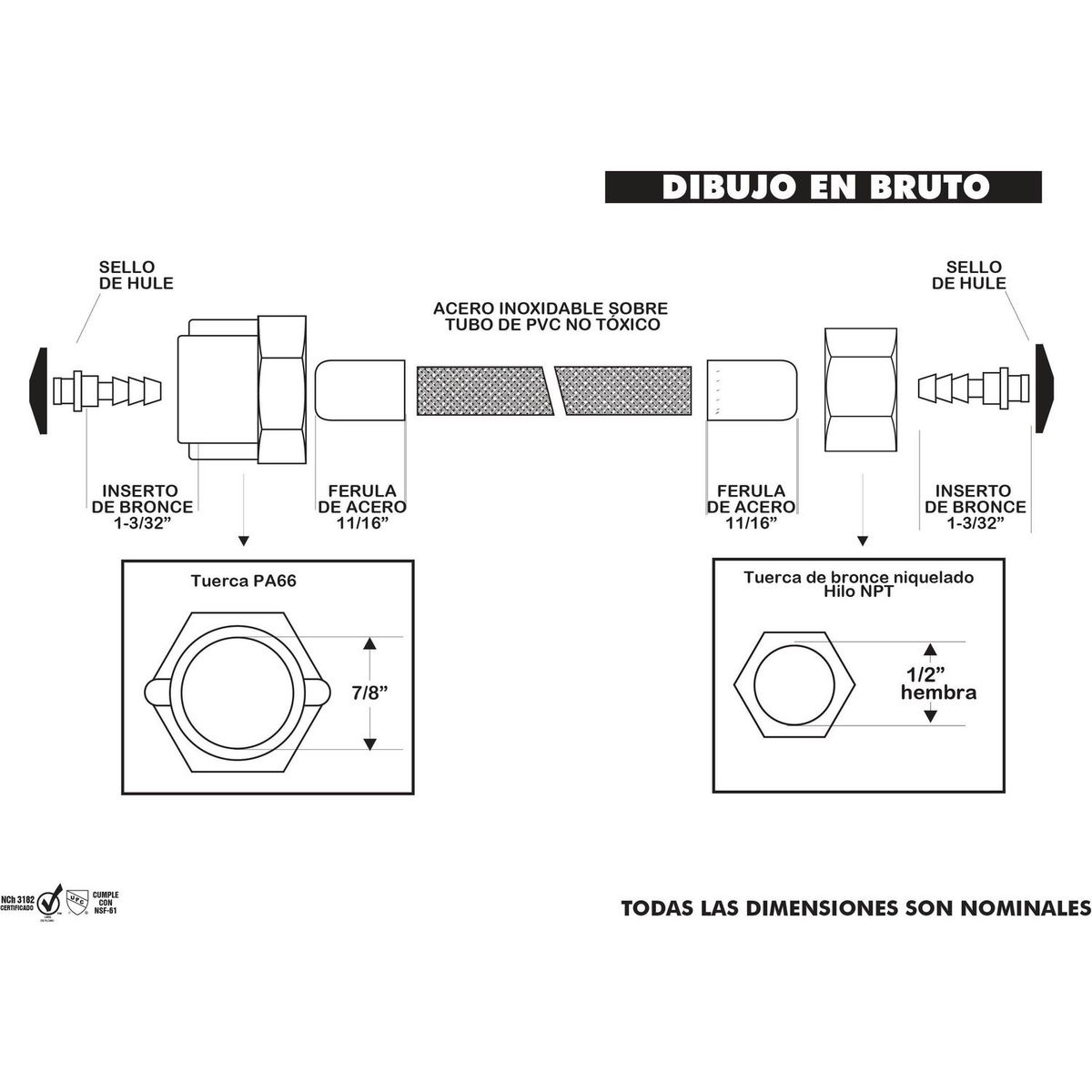 Humboldt - Flexible Agua Acero Inoxidable 1/2 Hi 0.875 Hi