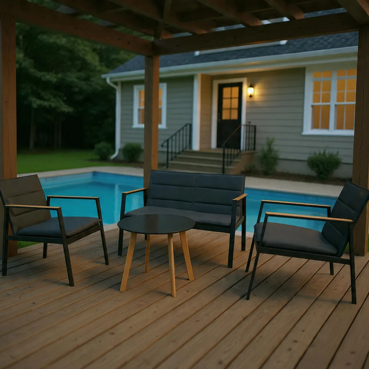 Just Home Collection - Sala de Exterior San Andrés Textil Negro 4 Personas