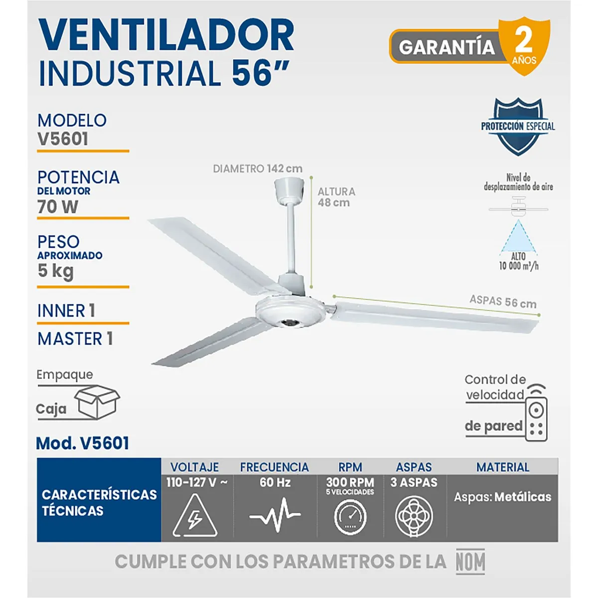 Ventilador de Techo Industrial 3 Aspas de 56" Blanco, marca Igoto - Foto 2