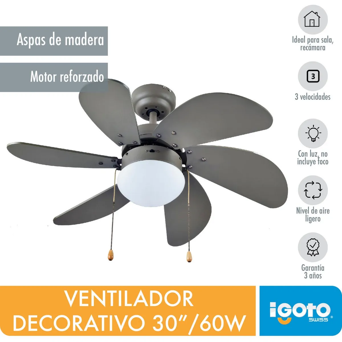 Ventilador de Techo Ventum 6 Aspas y 1 Luz de 30" Gris, marca Igoto - Foto 2