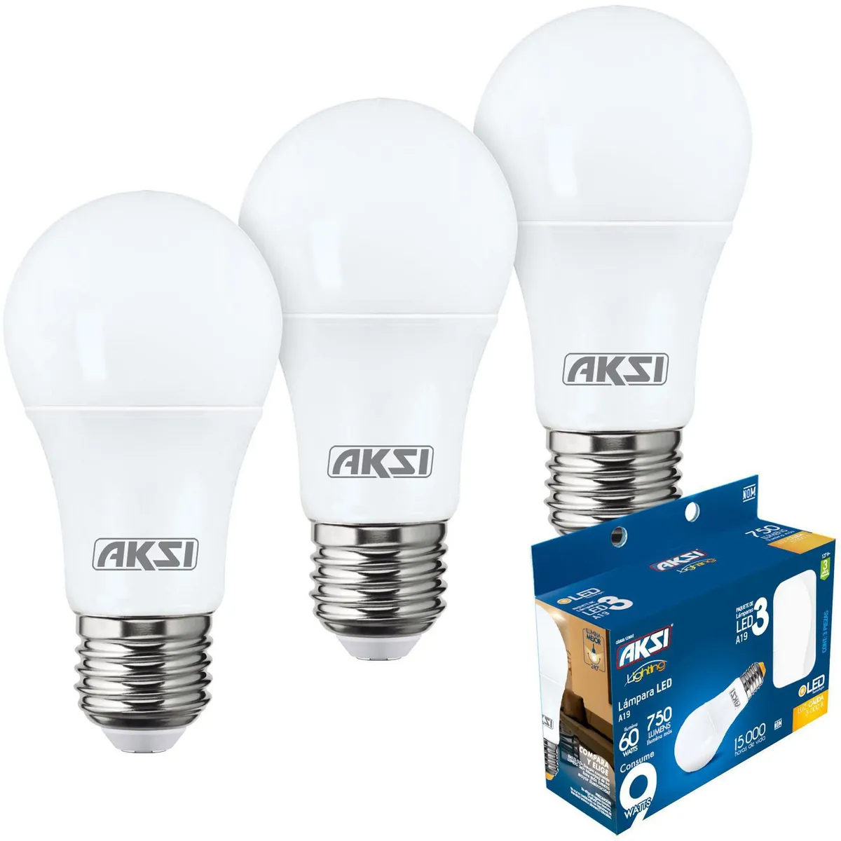 Pack 3 Foco Led A19 9W Luz Calida, marca Aksi - Foto Principal