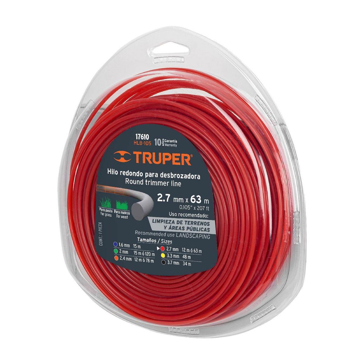 Hilo Redondo para Desbrozadora 63 m, 2.7 mm, marca Truper - Foto Principal