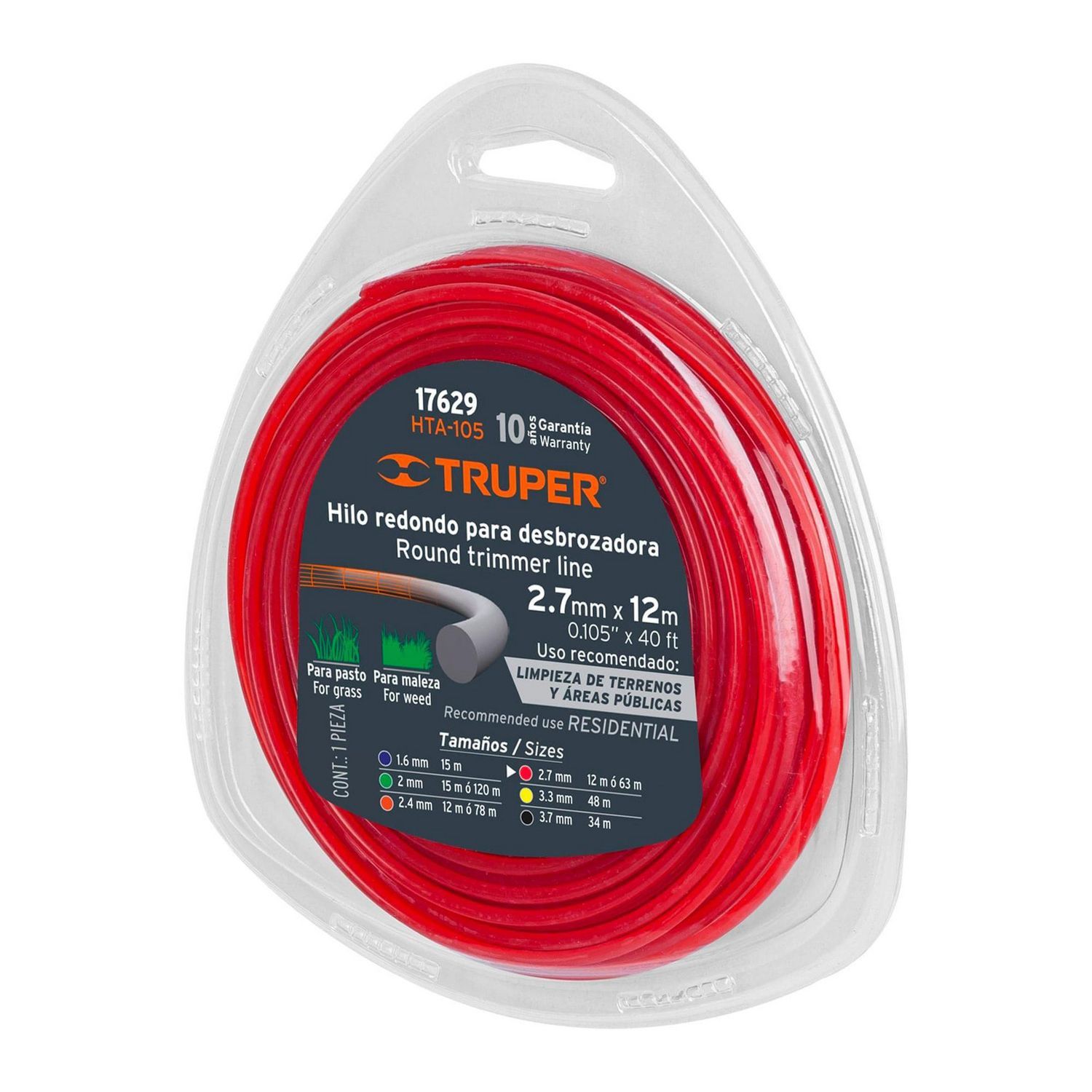 Truper - Hilo Redondo para Desbrozadora 12 m, 2.7 mm