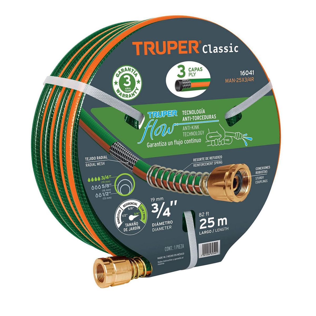 Manguera 3/4" Reforzada 3 Capas y Conector 25 m, marca Truper - Foto Principal