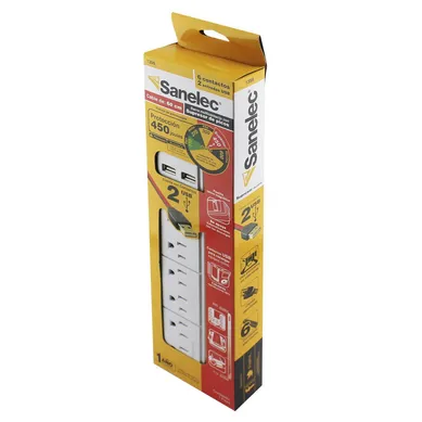 Supresor Sanelec Blanco 6 Entradas 2 USB 450Jl