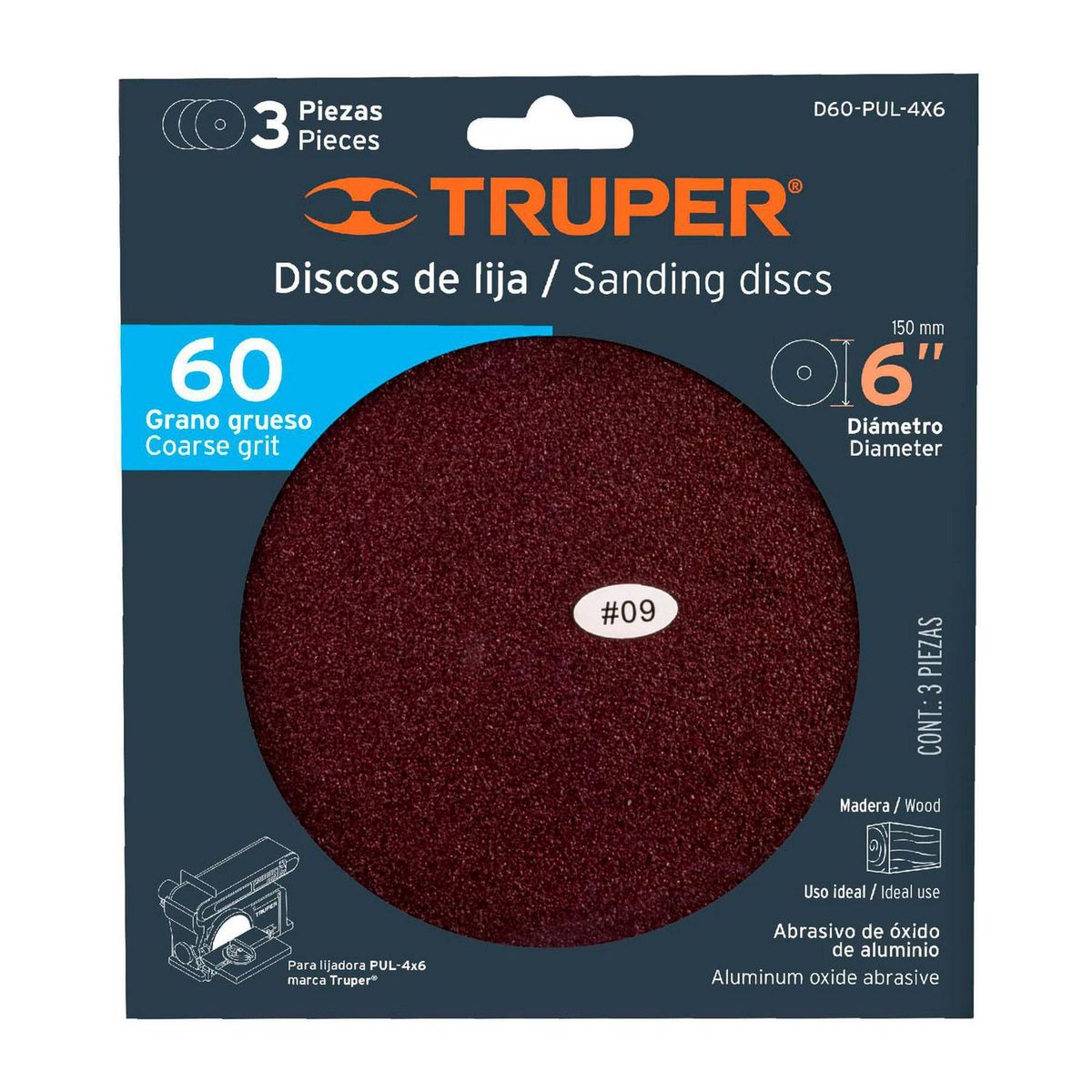 Truper - Disco Grano 60 para Lijadora Pul 4X6 3 Piezas