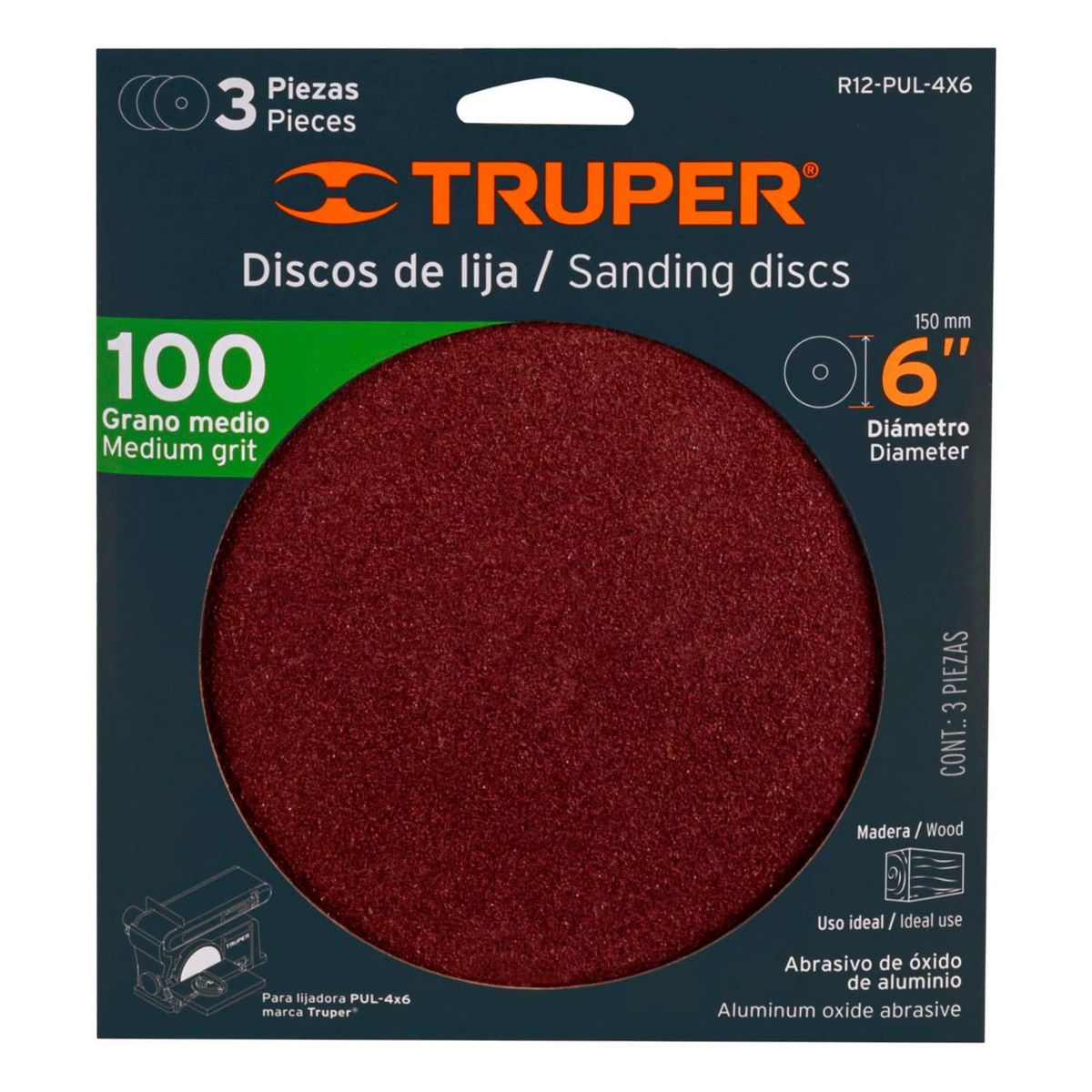 Truper - Disco Grano 100 para Lijadora Pul 4X6 3 Piezas