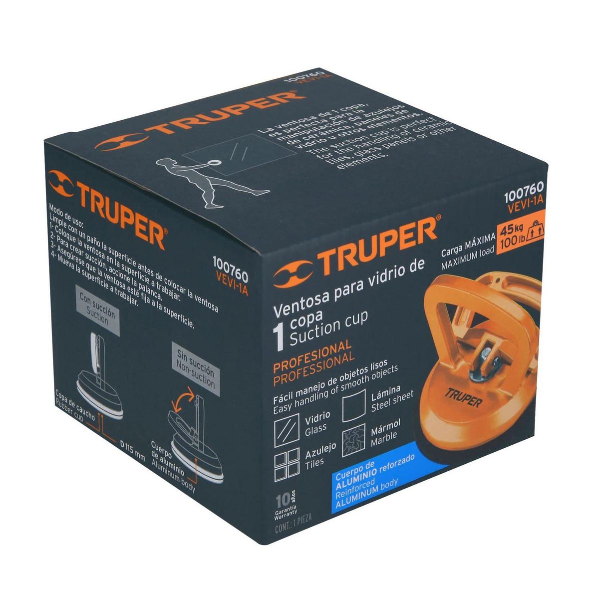 Truper - Ventosa de Aluminio para Vidrio 1 Copa de Succión