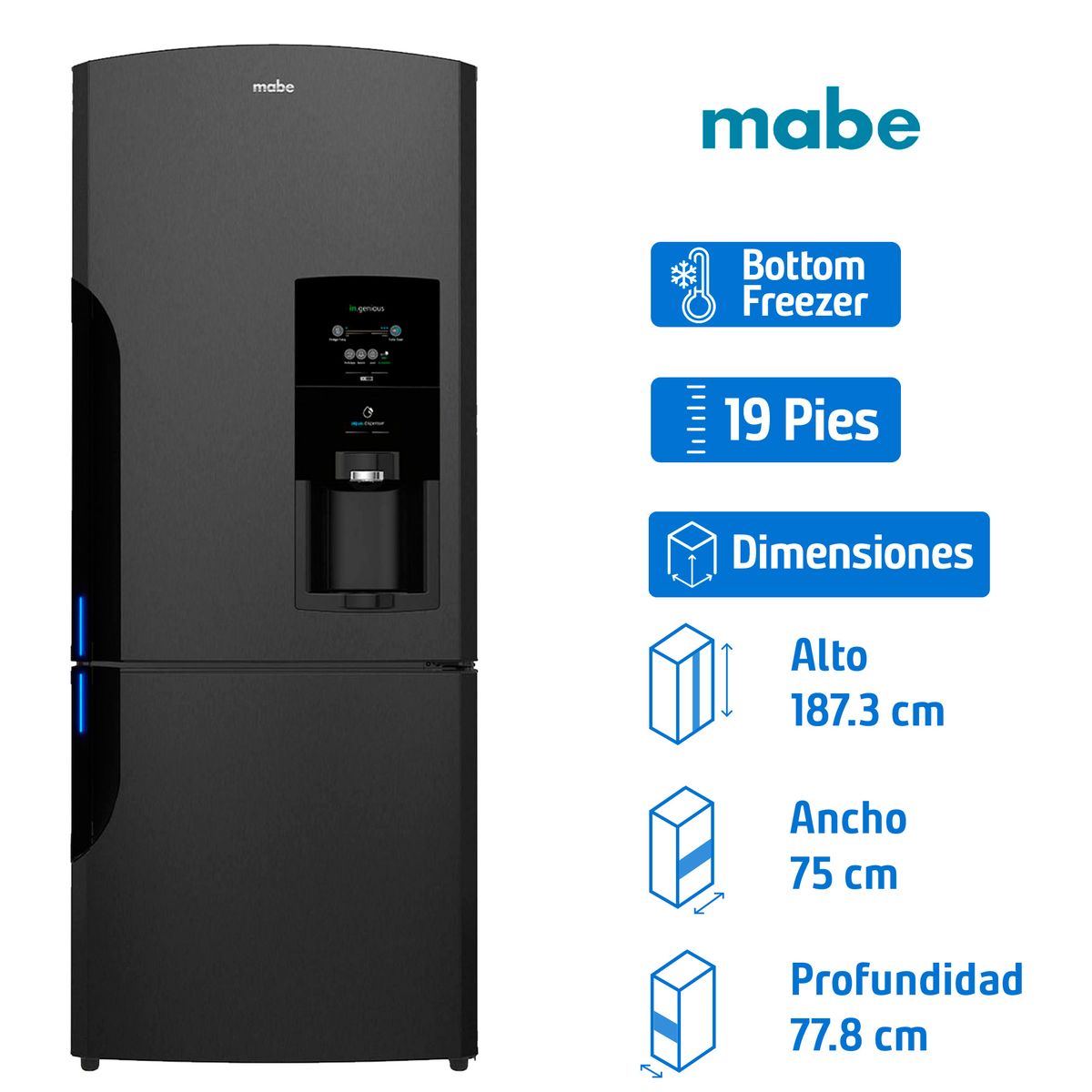 Mabe - Refrigerador Mabe 19 pies3 Bottom Freezer Negro Rmb520Ibmrp1