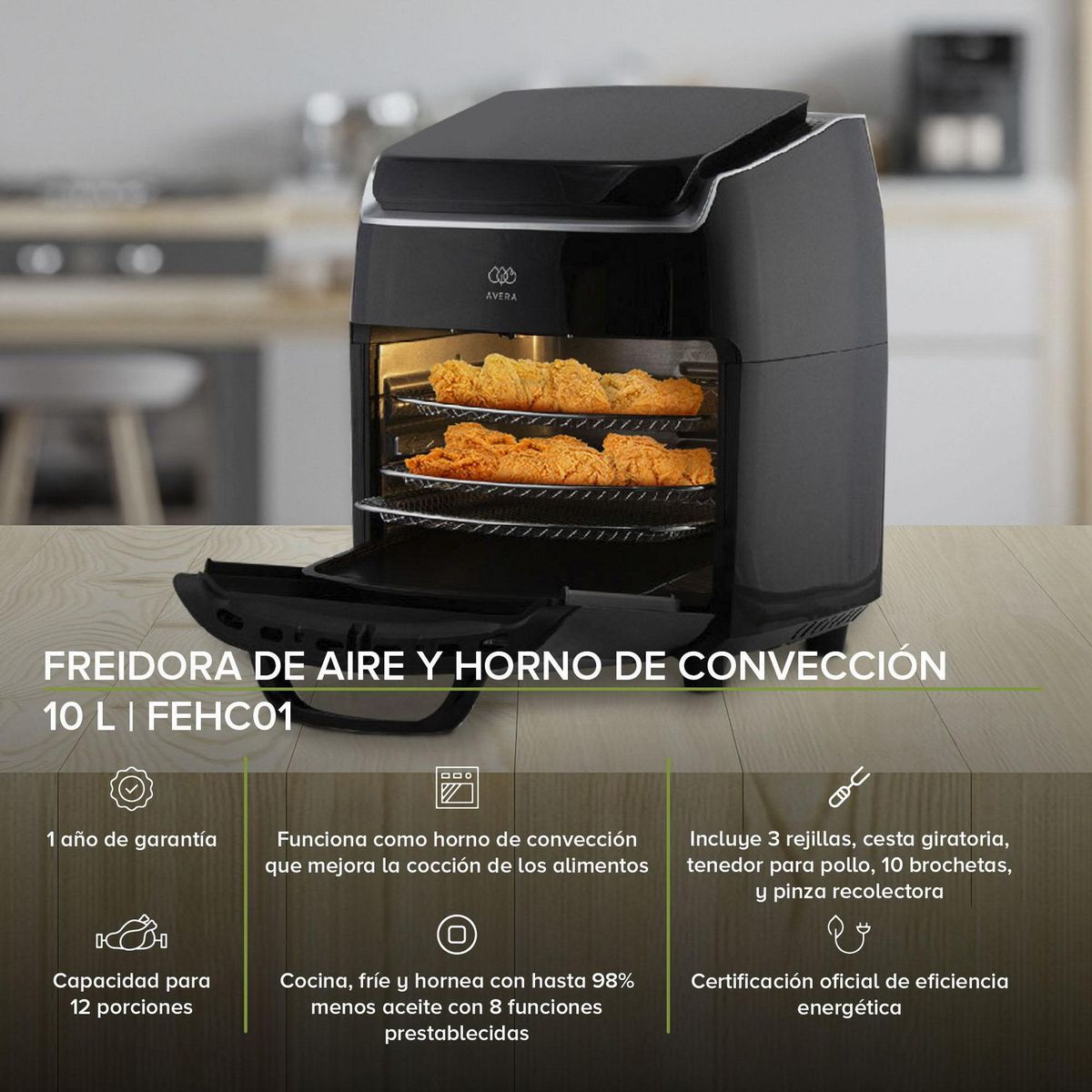 Freidora Aire y Horno Convección 10L AVERA FEHC01, marca Avera - Foto 2