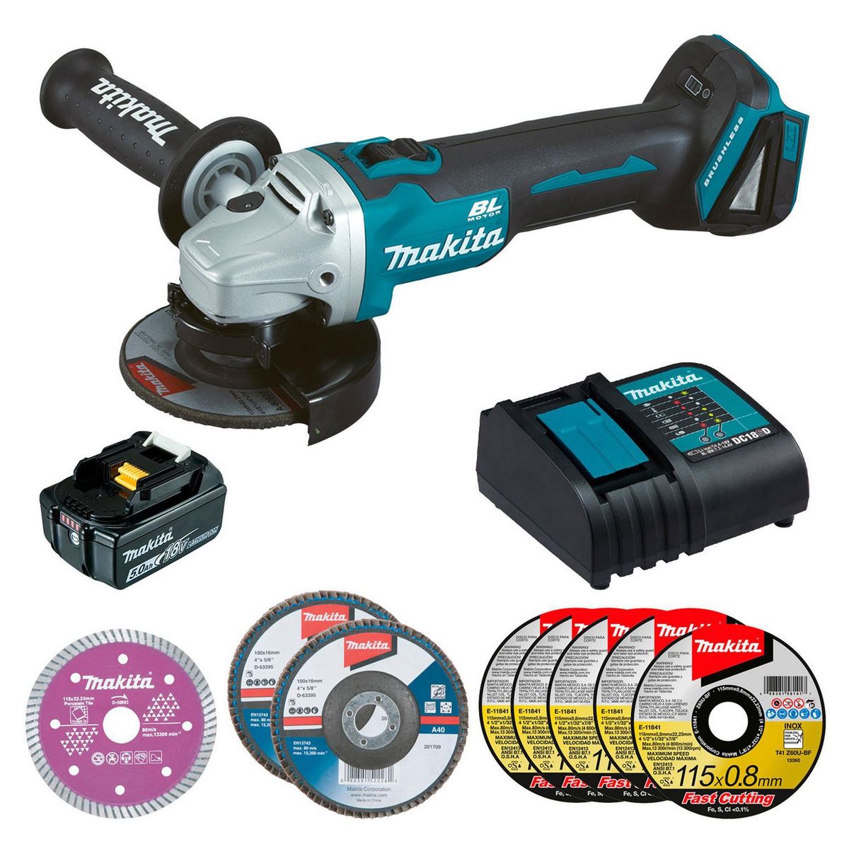 Makita - Mini Esmeril Inalámbrico 18V con Bateria + Cargador + 8 Discos