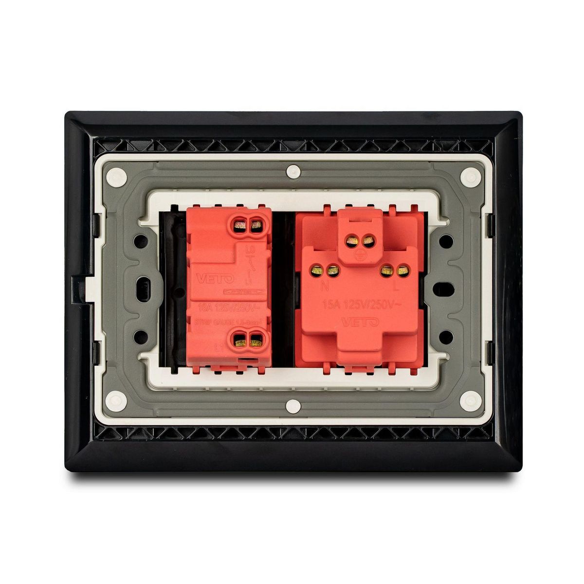 Veto - Apagador Mixto con Luz Piloto + Contac Amer. con Placa Negra