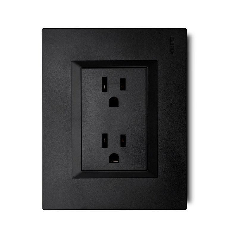 Veto - Contacto Doble Americano de 15 Amp Armado con Placa Decorativa Negro