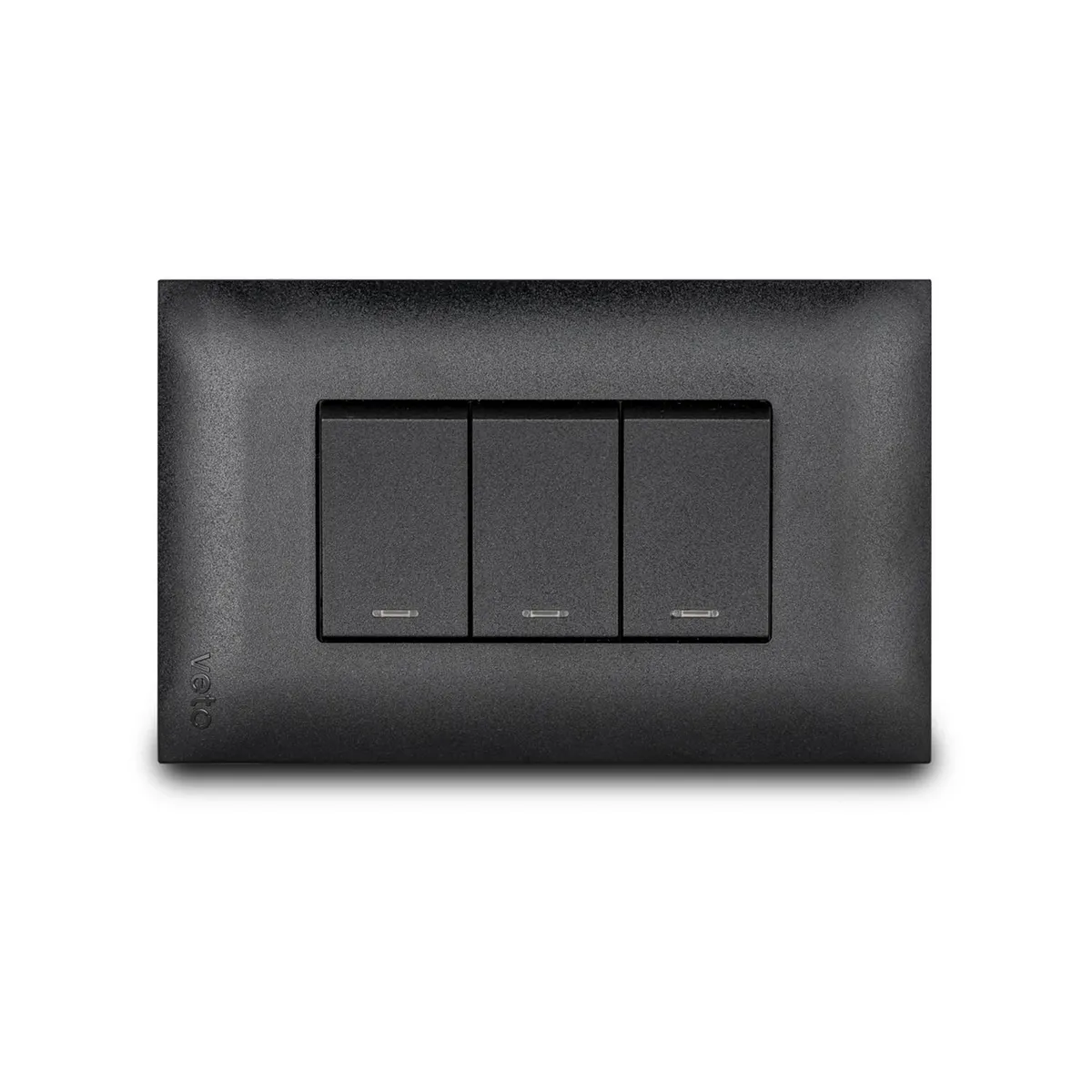 Veto - Apagador Triple ce 15 Amp con Luz Piloto Armado con Placa Vive Negro