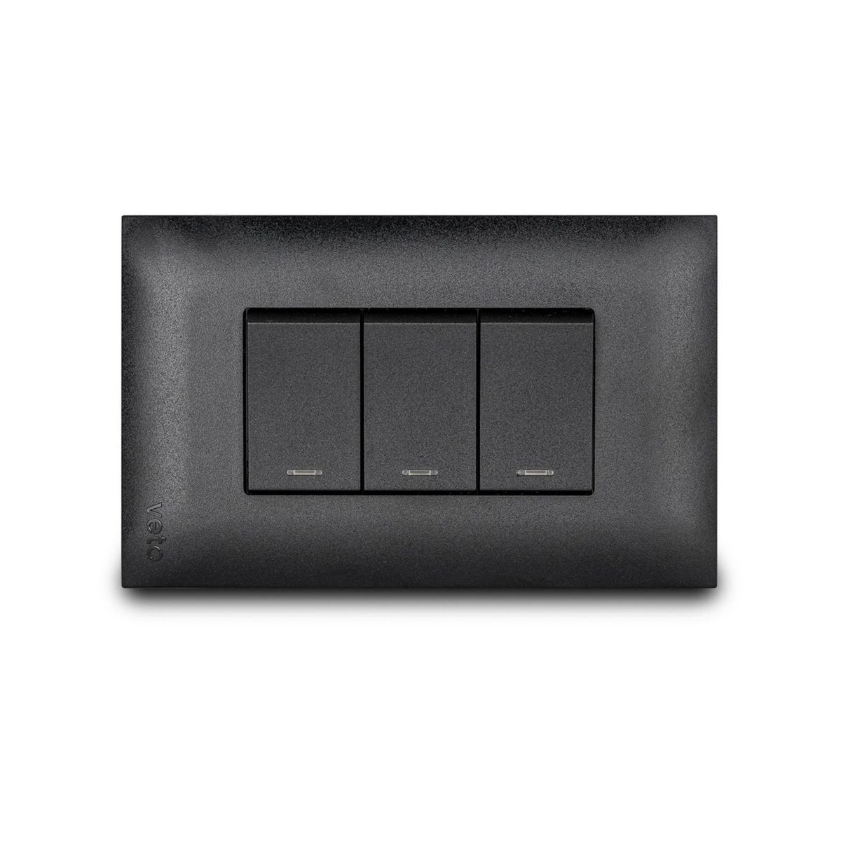 Veto - Apagador Triple ce 15 Amp con Luz Piloto Armado con Placa Vive Negro