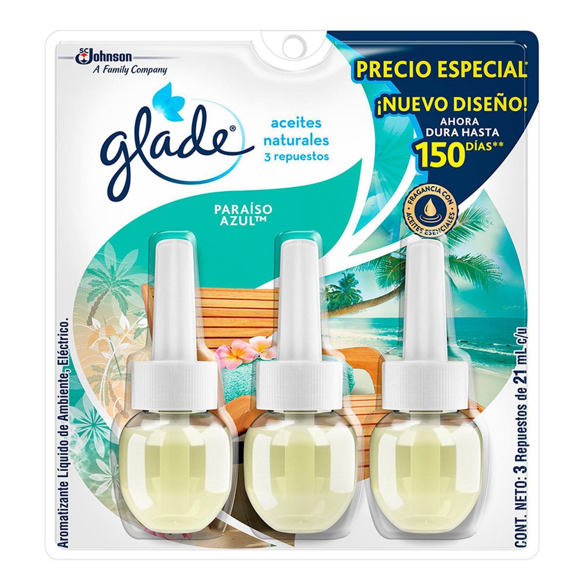 Glade - Aromatizante léctrico Repuesto 3 pack Paraíso Azul