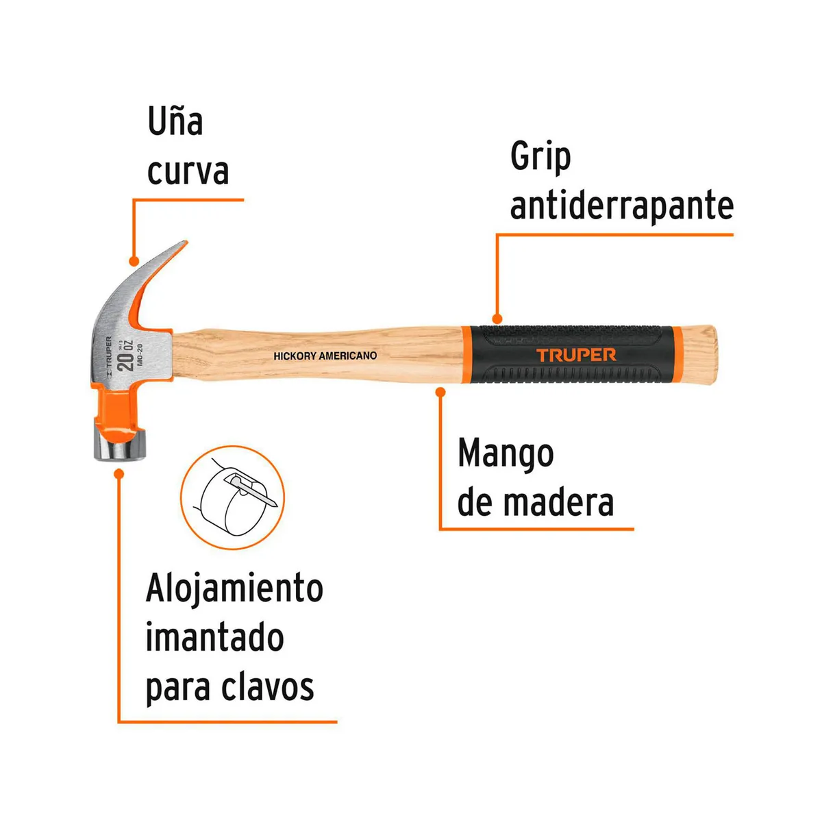 Martillo Pulido 20 Oz Uña Curva Mango Hickory Truper Grip, marca Truper - Foto 2