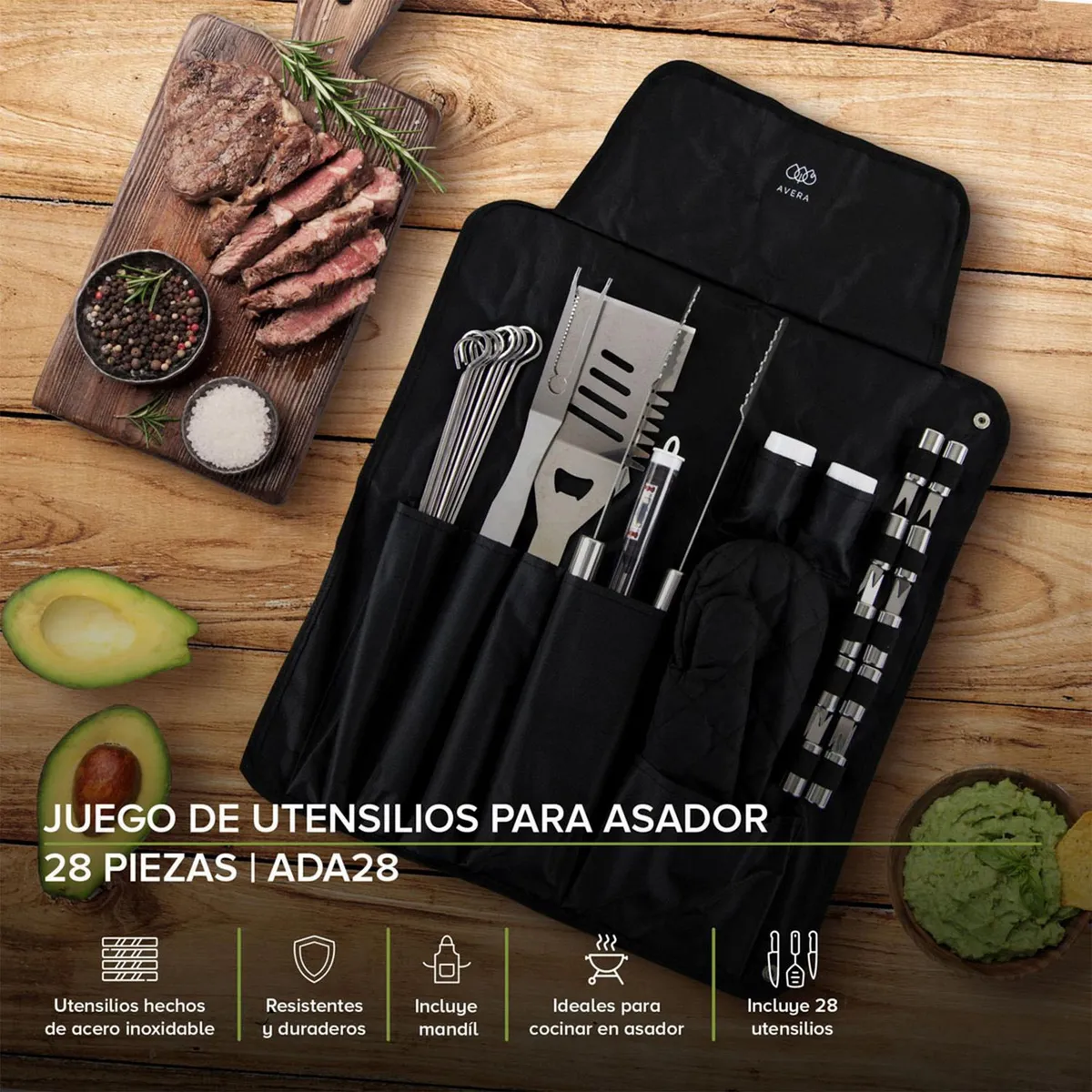 Avera - Accesorios para Asador con Mandil y Guantes 28 piezas