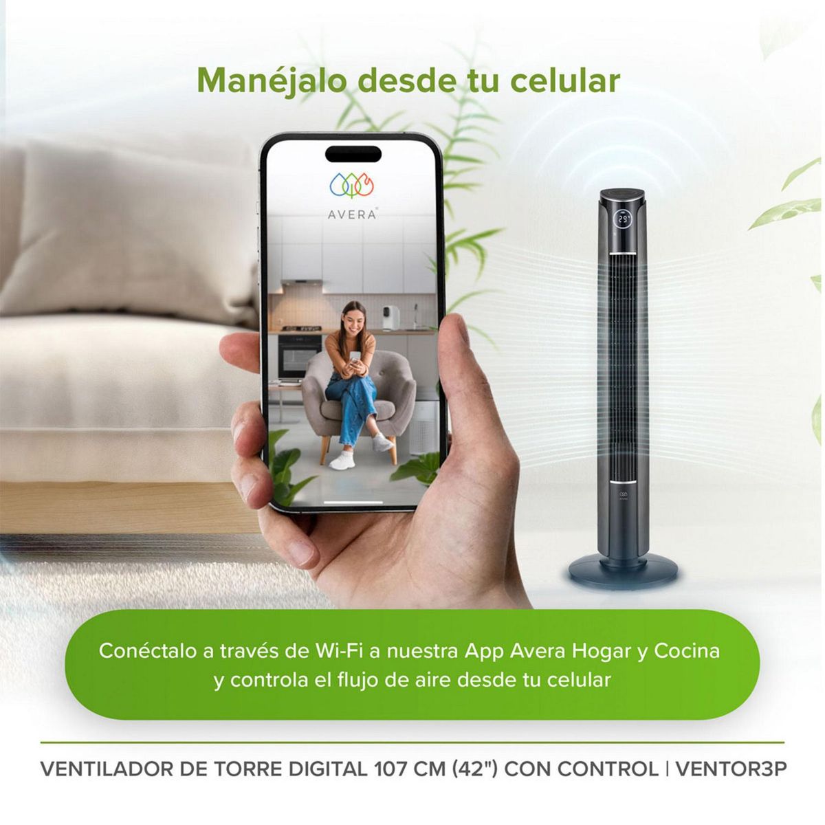 Avera - Ventilador de torre con funciones digitales 3 velocidades inc