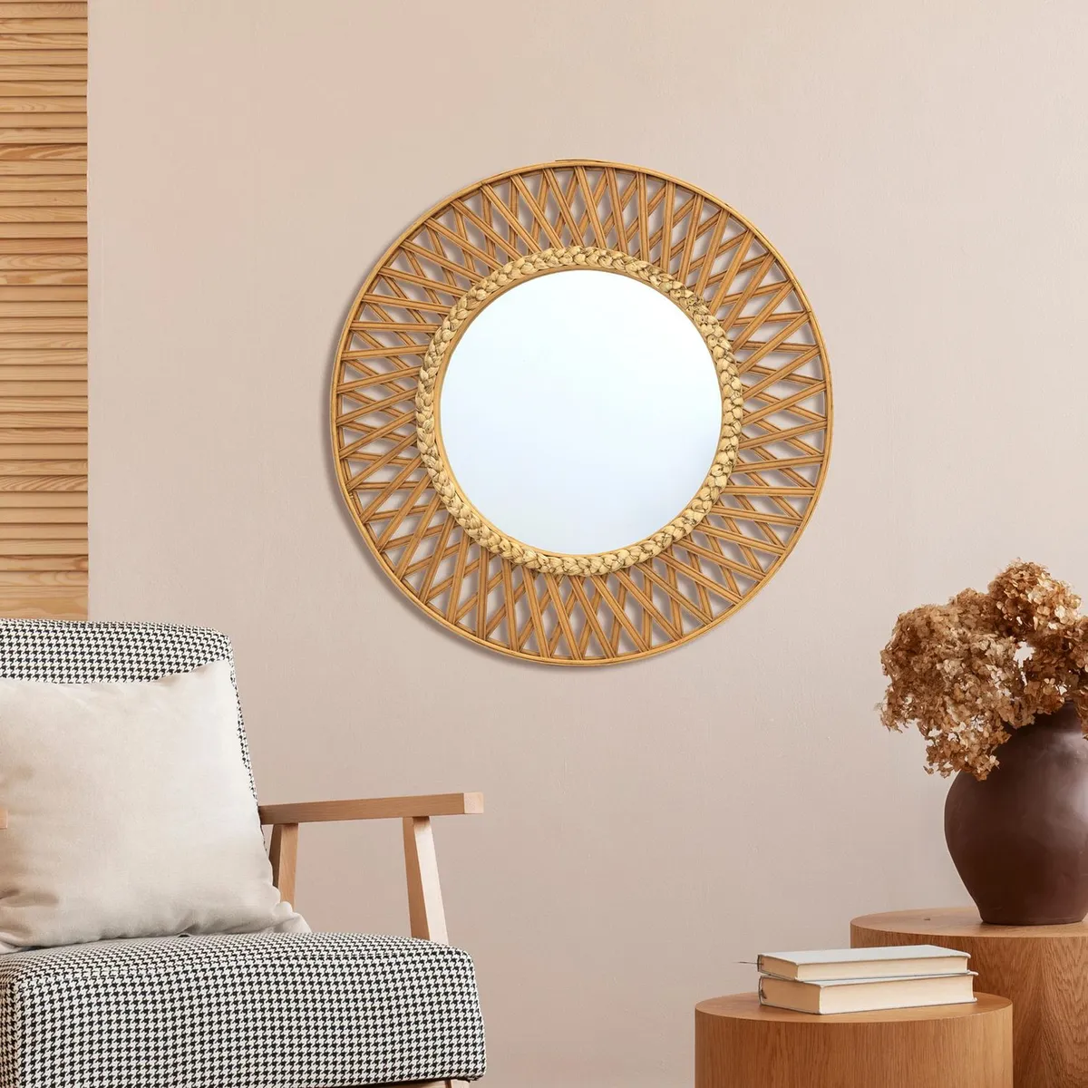 Homy - Espejo Decorativo Redondo Bamboo Rayo de 68 cm Dorado