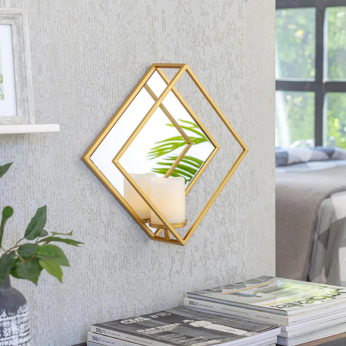 Just Home Collection - Espejo Decorativo Rombo 3D Triada de 38 x 38 cm Dorado