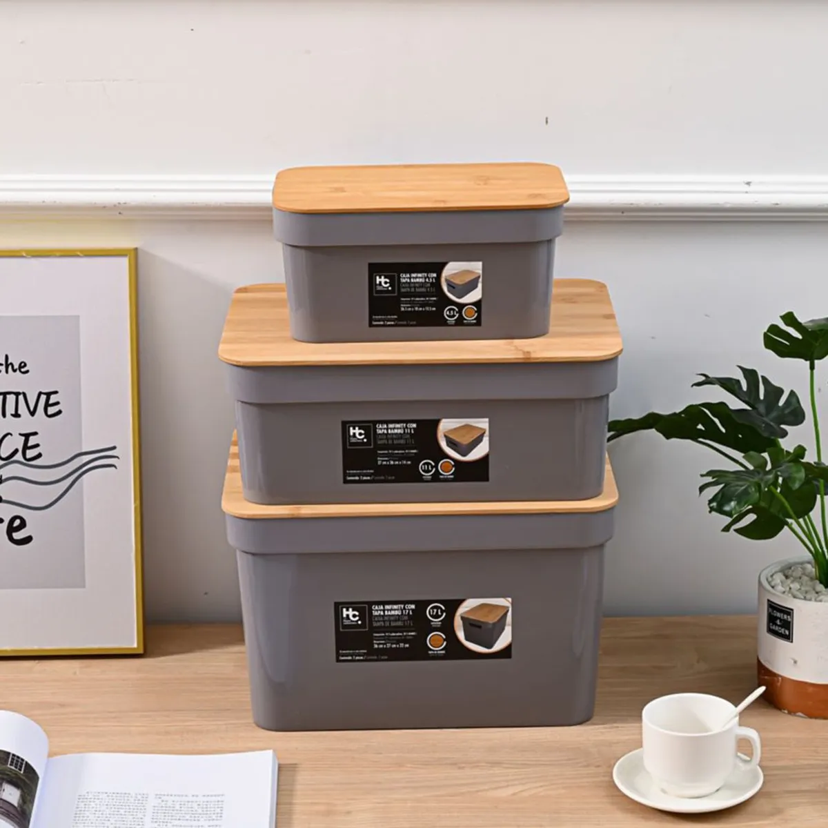 Just Home Collection - Caja plástica gris con tapa de bambú 11 litros