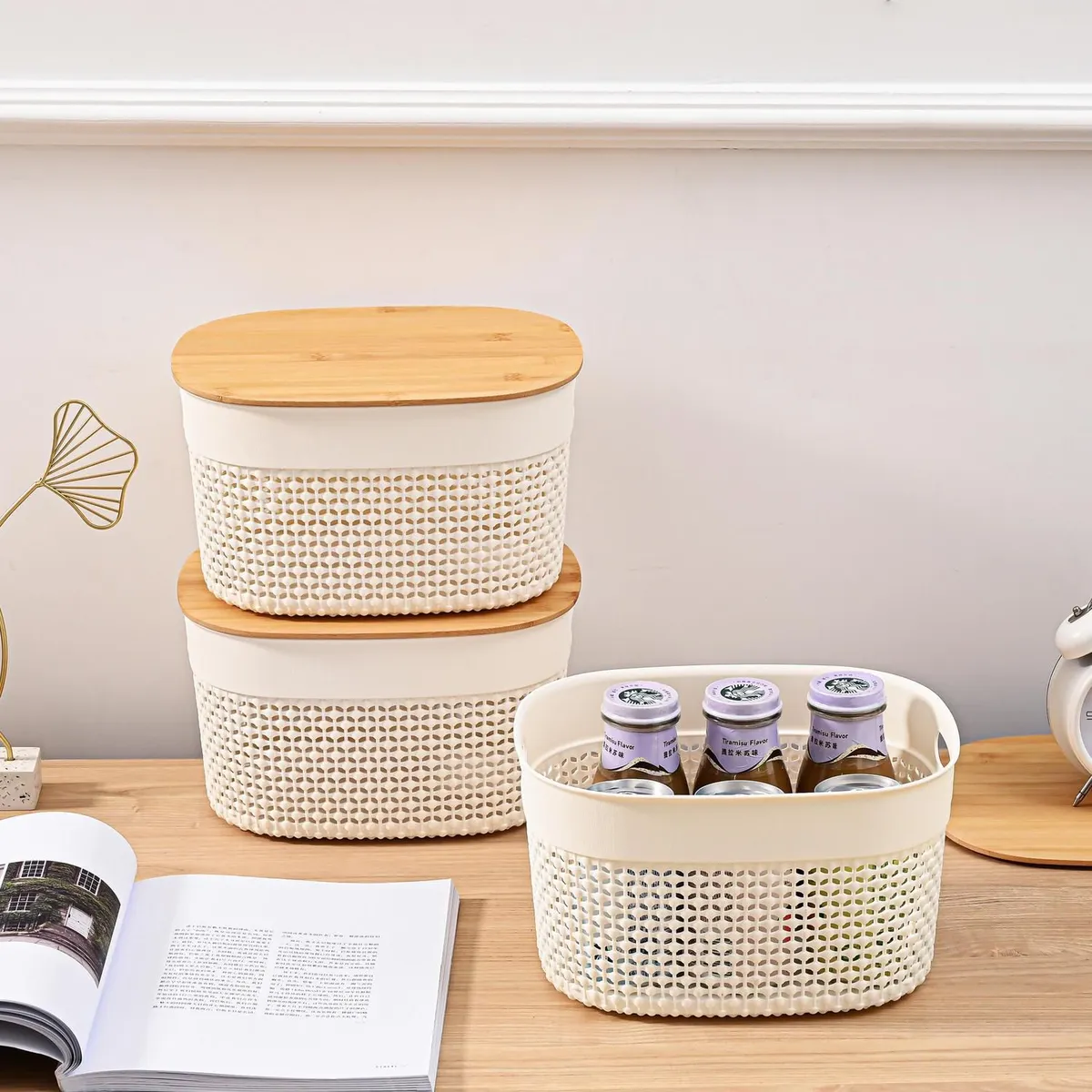 Just Home Collection - Set 3 cajas plasticas tapa bambu blanco