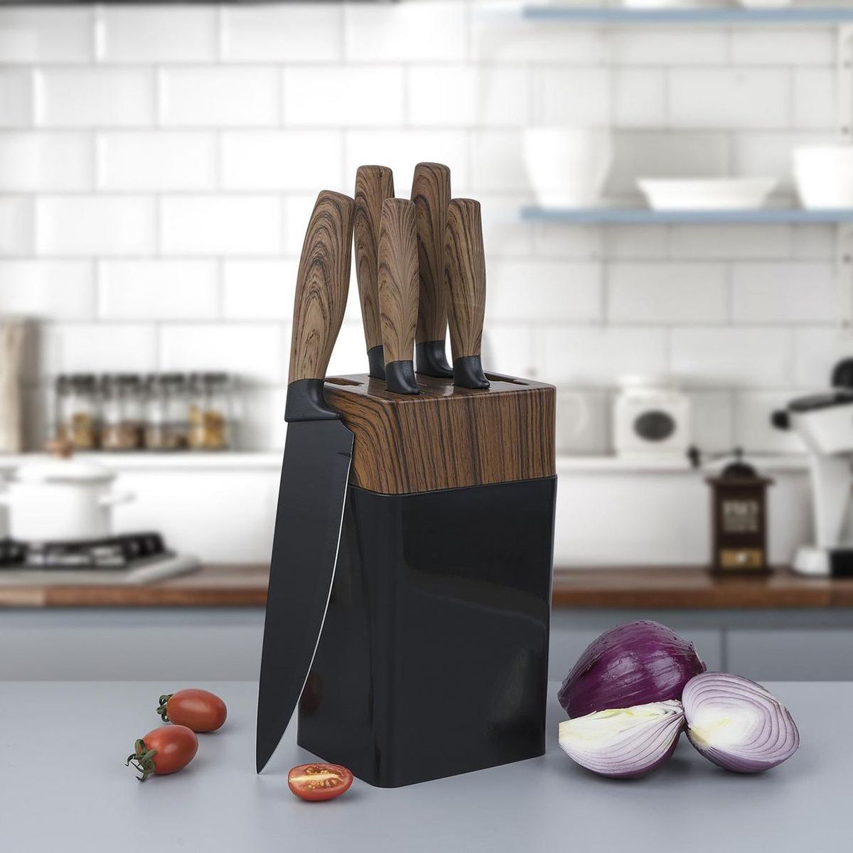 Just Home Collection - Set cuchillos 6 piezas más taco de madera