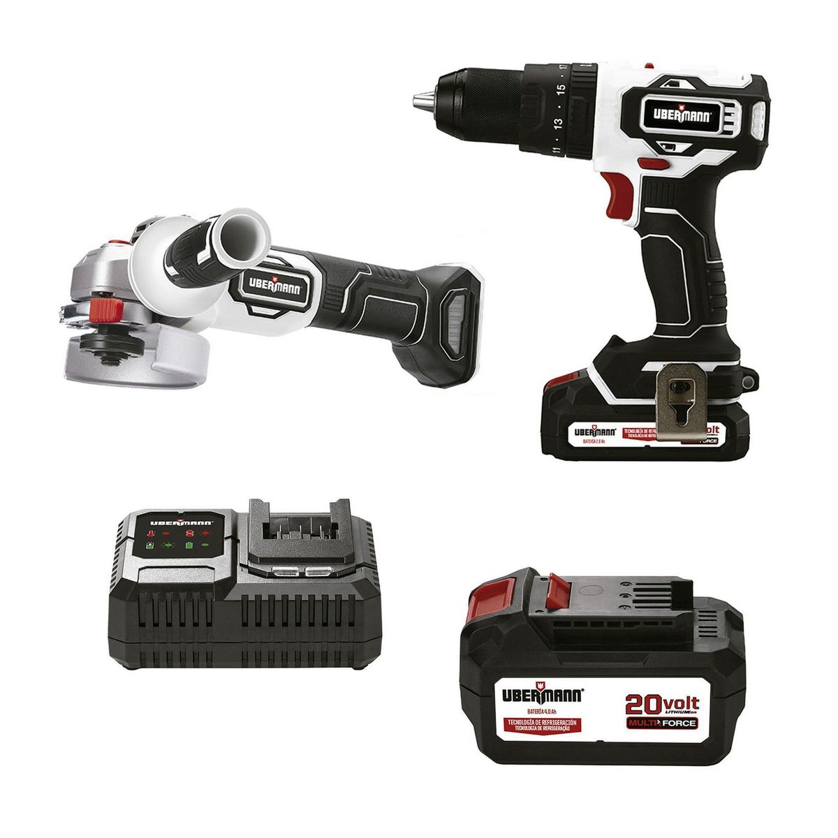 Ubermann - Kit Esmeriladora + Rotomartillo 20V Incluye Cargador Batería y Maletín