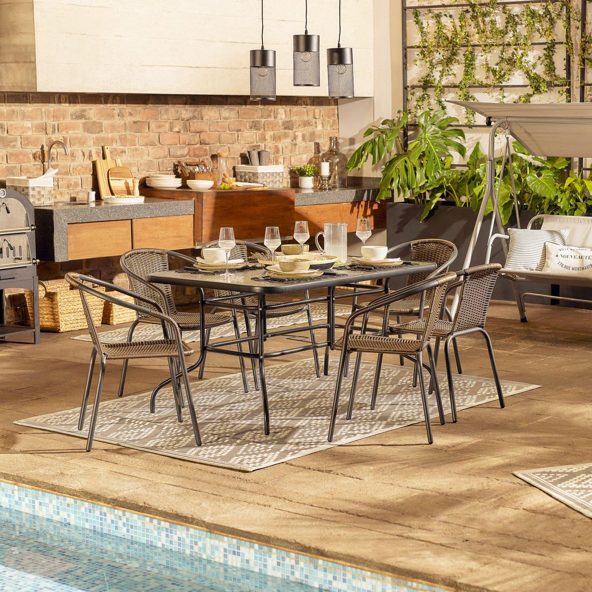 Just Home Collection - Mesa Rectangular Negra con Vidrio 140 x 90 cm.