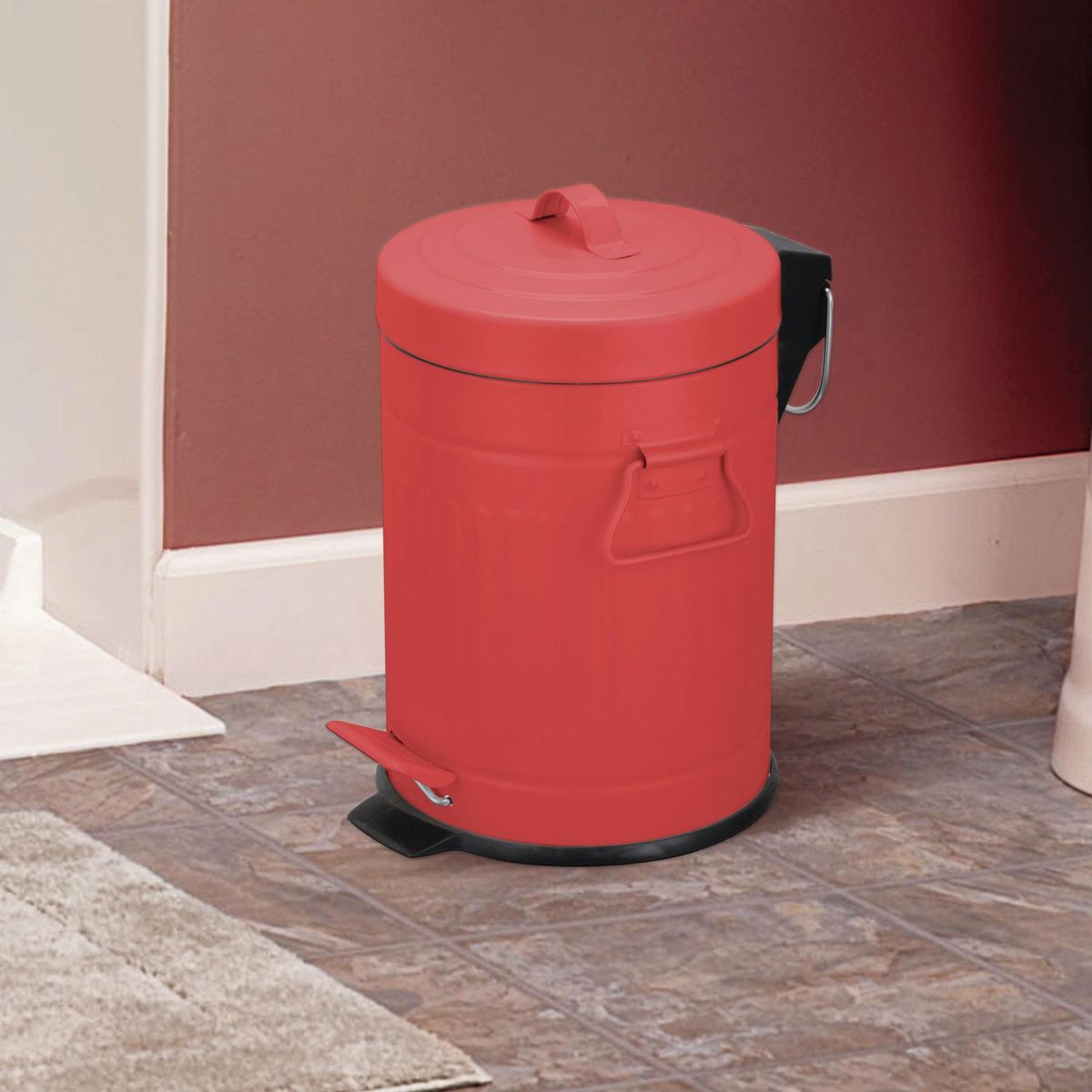 Just Home Collection - Bote de Basura Vintage Metálico con Pedal de 5L Rojo