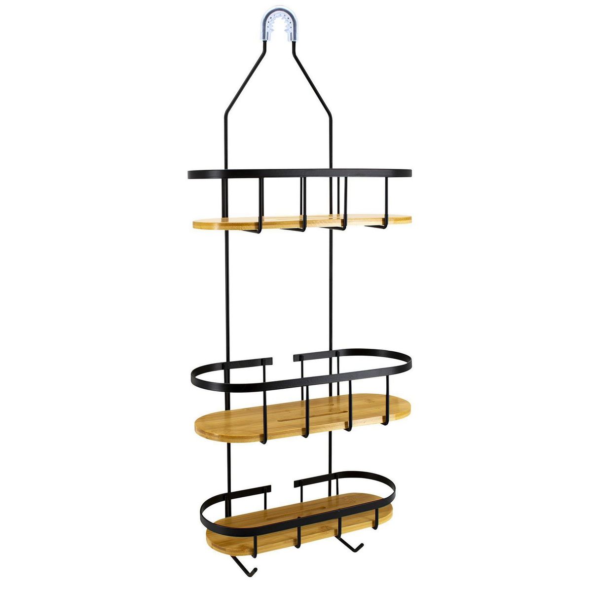 Organizador para regadera negro de acero inoxidable con bambú, marca Bath Styles - Foto Principal