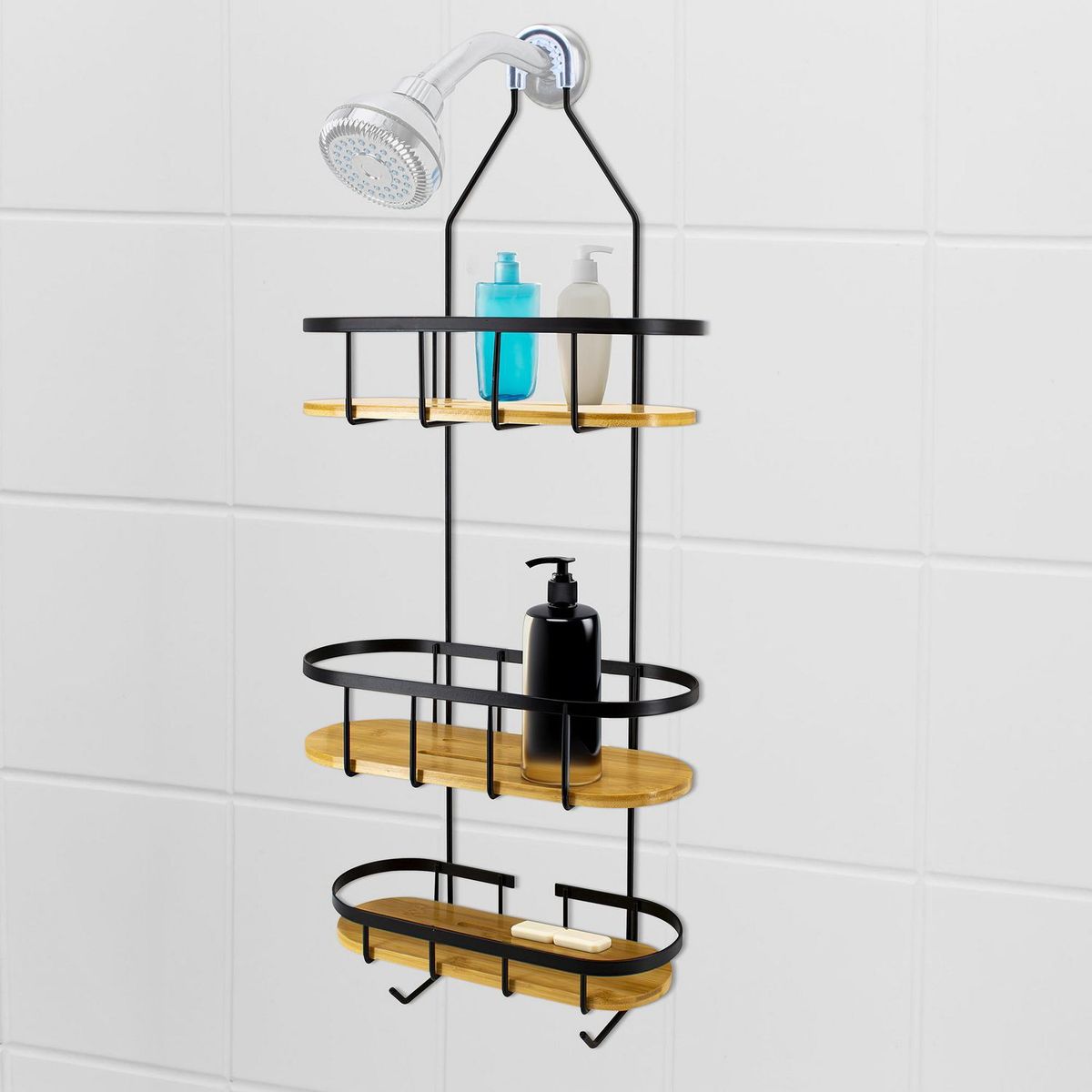 Organizador para regadera negro de acero inoxidable con bambú, marca Bath Styles - Foto 2