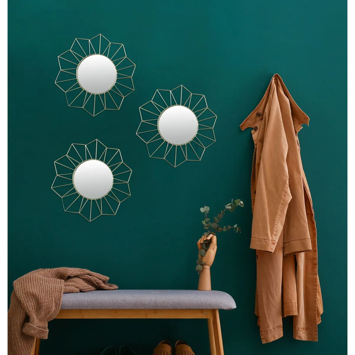 Homy - Set de 3 Espejos Decorativos Flor de 30 cm Dorado