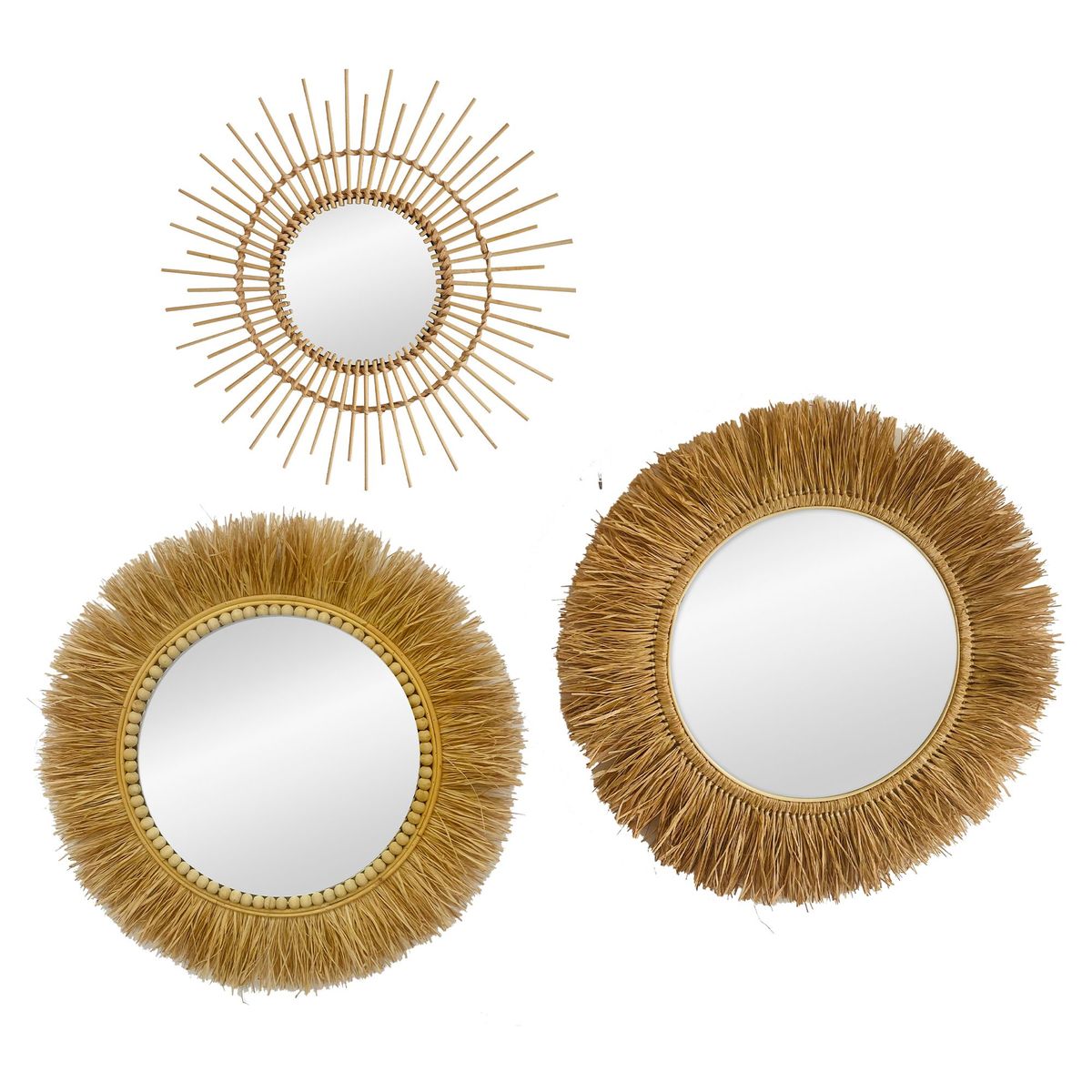 Homy - Set de 3 Espejos Decorativos Redondos Mix Ratan de 50 -70 - 70 cm Dorado
