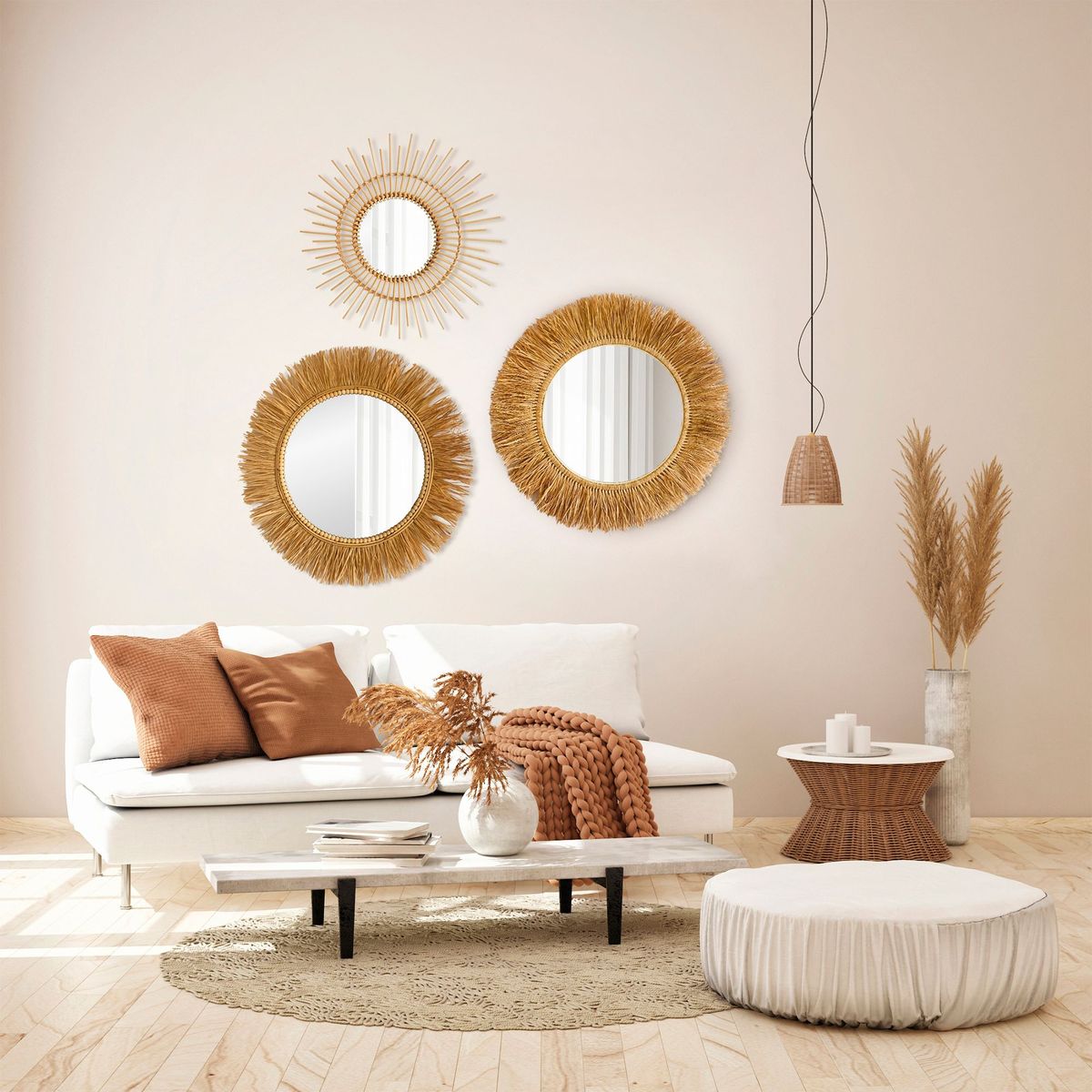 Homy - Set de 3 Espejos Decorativos Redondos Mix Ratan de 50 -70 - 70 cm Dorado