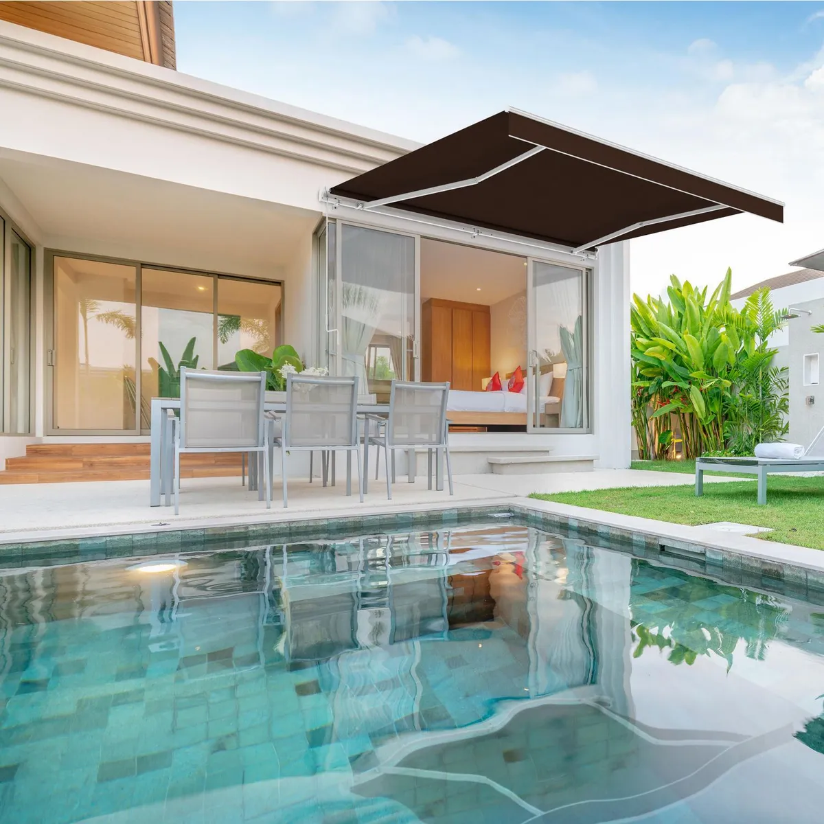 Win-Door - Toldo retráctil de fácil armado de 3.95 x 2.5 m Marrón