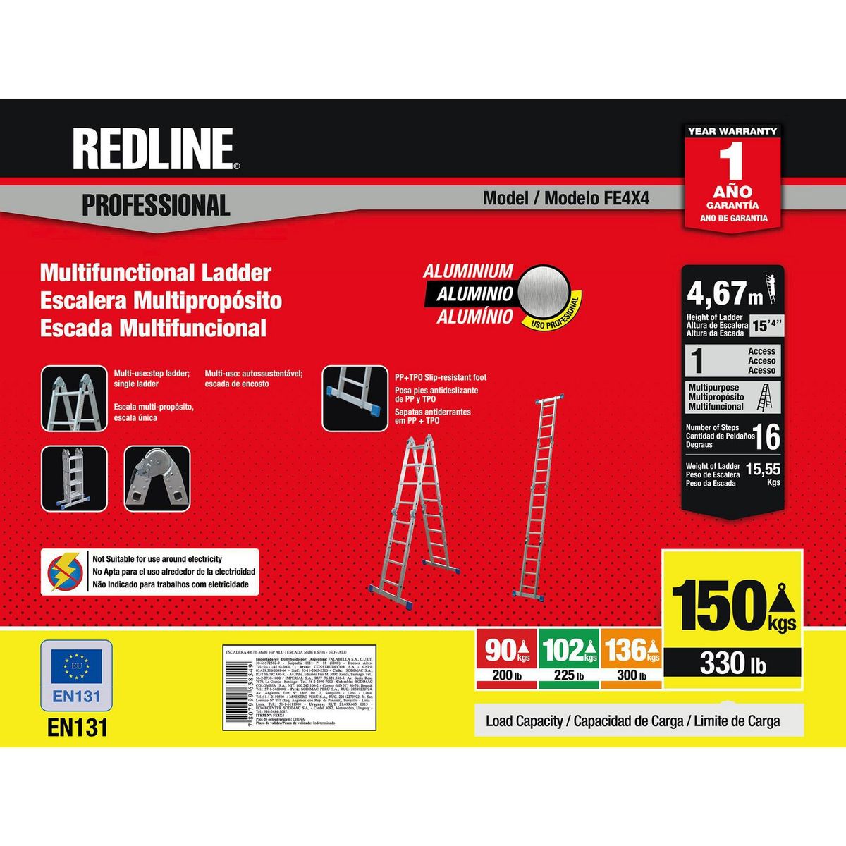 Redline - Escalera articulada de Aluminio 16 peldaños 4.67 m hasta 150 kg