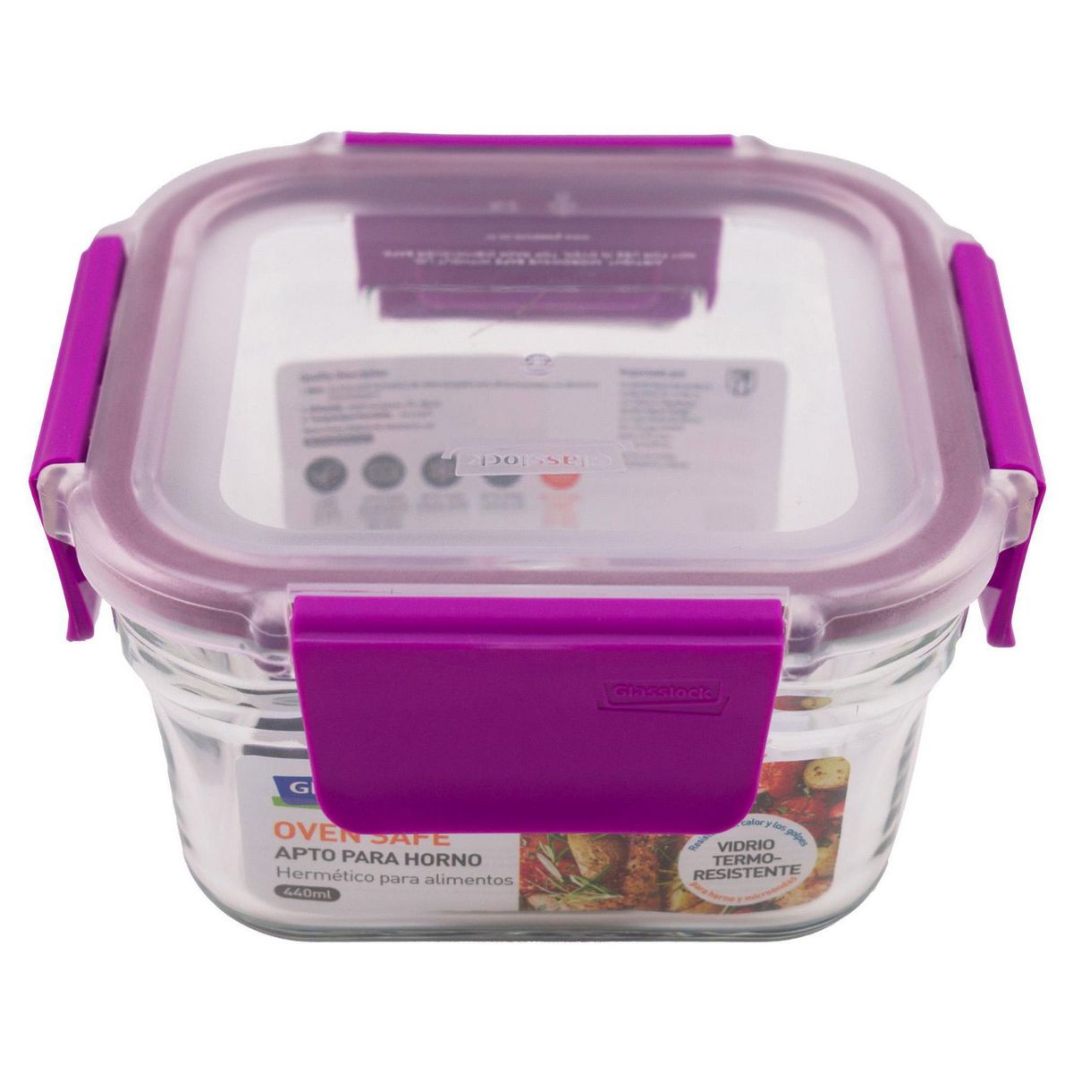 Contenedor cuadrado de vidrio 440 ml tapa morada, marca Top Choice - Foto Principal