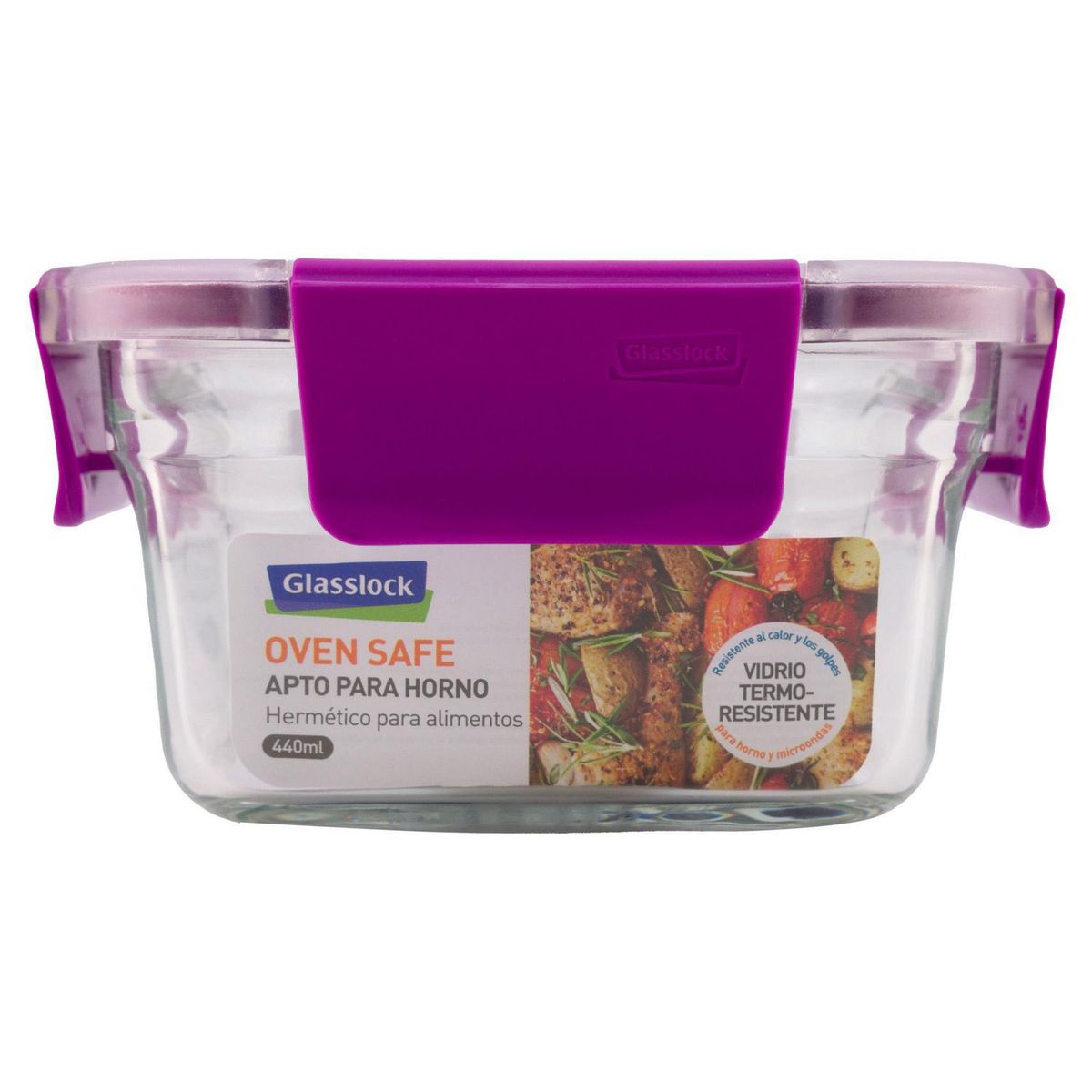 Contenedor cuadrado de vidrio 440 ml tapa morada, marca Top Choice - Foto 2